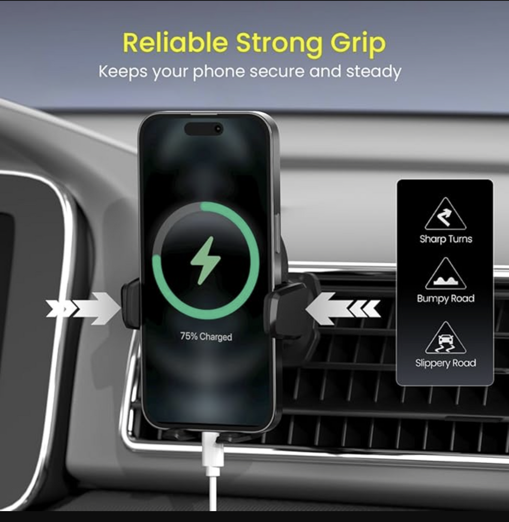 Portronics Clamp Z Car Phone Holder Stand with 360 Degree Rotation, AC Vent Mount, Strong Grip, Single Hand Use, Shockproof Build, Mobile Stand for Car