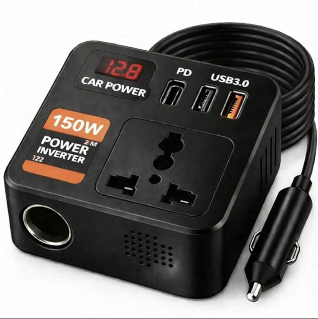Primate 150W Car Power Inverter 12V DC to 220V AC Converter with 2 AC Universal Sockets, USB-C 30W PD & Dual USB QC 3.0 Fast Charging Ports – 4-in-1 Car Laptop & Mobile Charger Plug Adapter
