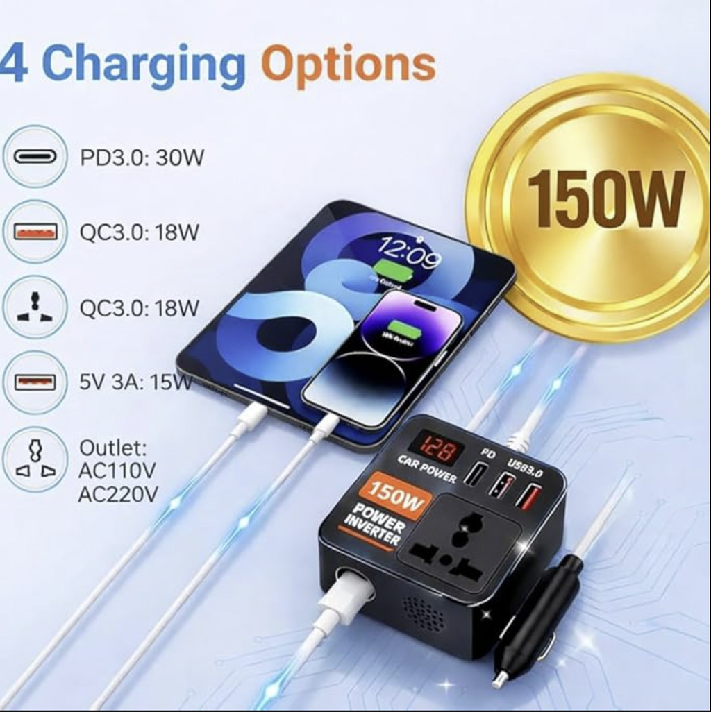 Primate 150W Car Power Inverter 12V DC to 220V AC Converter with 2 AC Universal Sockets, USB-C 30W PD & Dual USB QC 3.0 Fast Charging Ports – 4-in-1 Car Laptop & Mobile Charger Plug Adapter