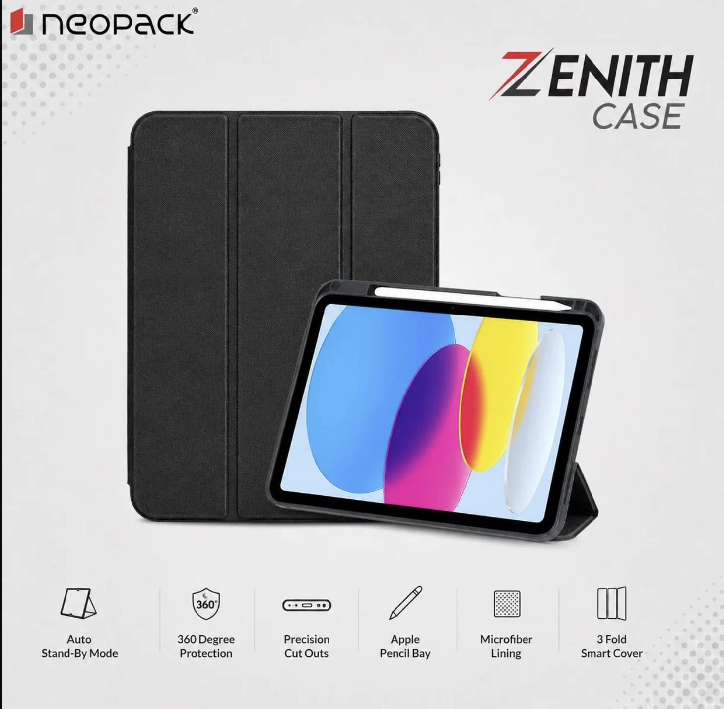 Zenith 3 Fold Smart Cover with Pencil Holder for Apple iPad Air 13, Fits: M2 / M3 / M4 Models (Black)