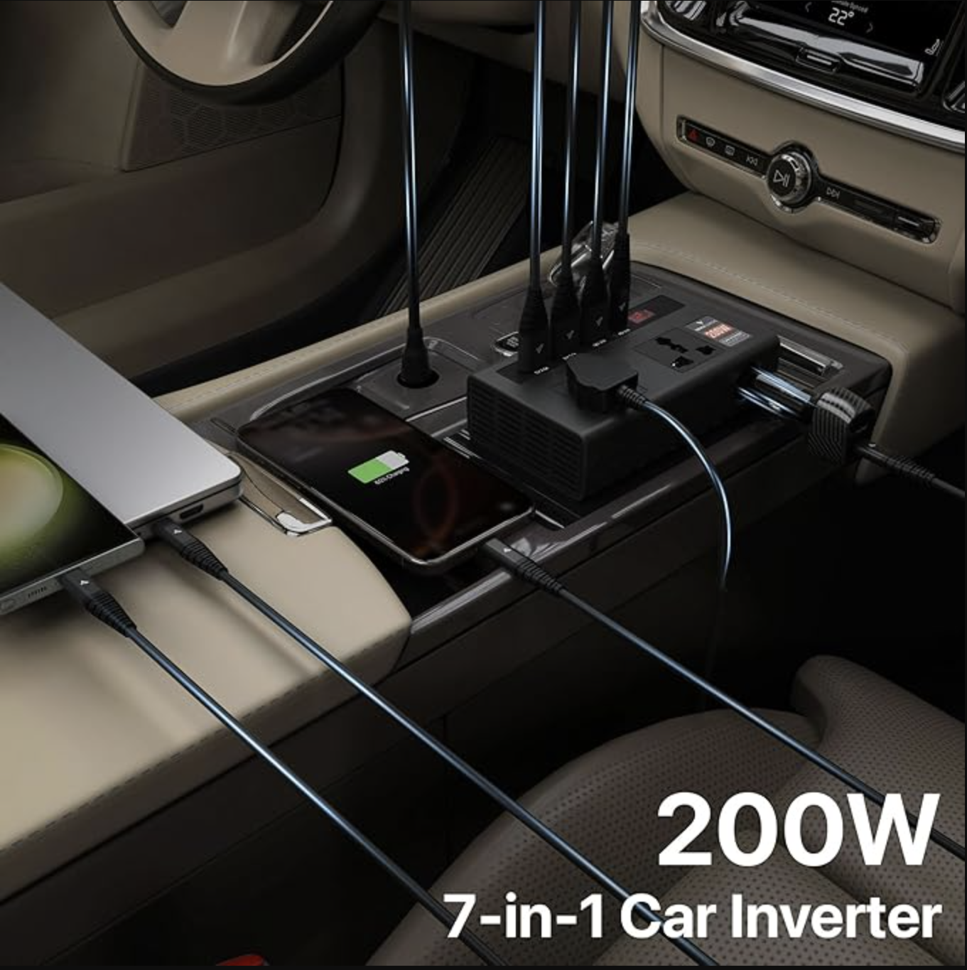 DR VAKU® VoltDrive Pro 7in1 200 Watt Car Laptop Charger Fast Charging/Power Car Inverter Portable,12V DC to 220V AC Socket Converter (2X 3Pin Plug, 3X USB, 1x 30W PD) for Laptop, Mobile & Others