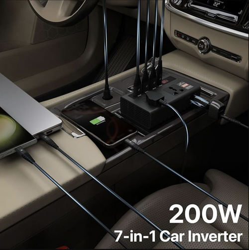 DR VAKU® VoltDrive Pro 7in1 200 Watt Car Laptop Charger Fast Charging/Power Car Inverter Portable,12V DC to 220V AC Socket Converter (2X 3Pin Plug, 3X USB, 1x 30W PD) for Laptop, Mobile & Others
