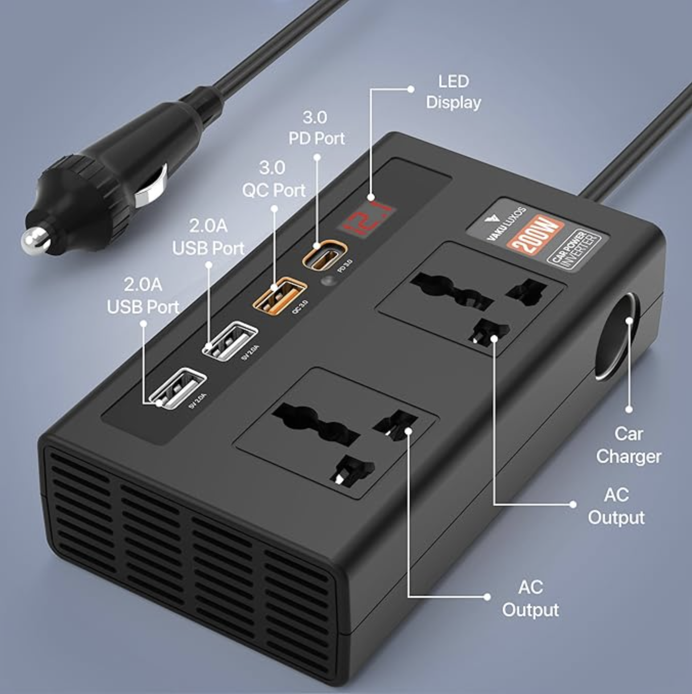 DR VAKU® VoltDrive Pro 7in1 200 Watt Car Laptop Charger Fast Charging/Power Car Inverter Portable,12V DC to 220V AC Socket Converter (2X 3Pin Plug, 3X USB, 1x 30W PD) for Laptop, Mobile & Others