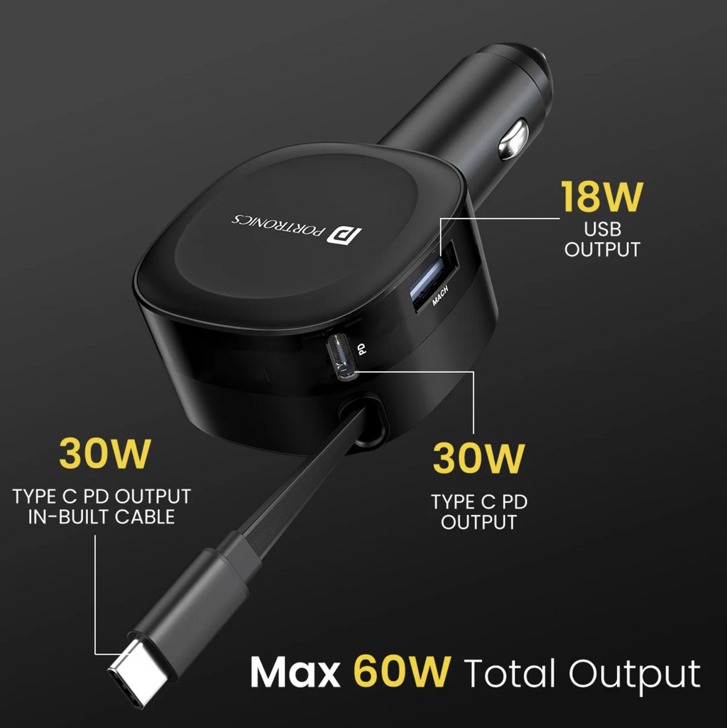 Car Power Flexo 60W Total Output | 18W USB Type-A | 30W Type-C | 30W Retractable Type-C Cable