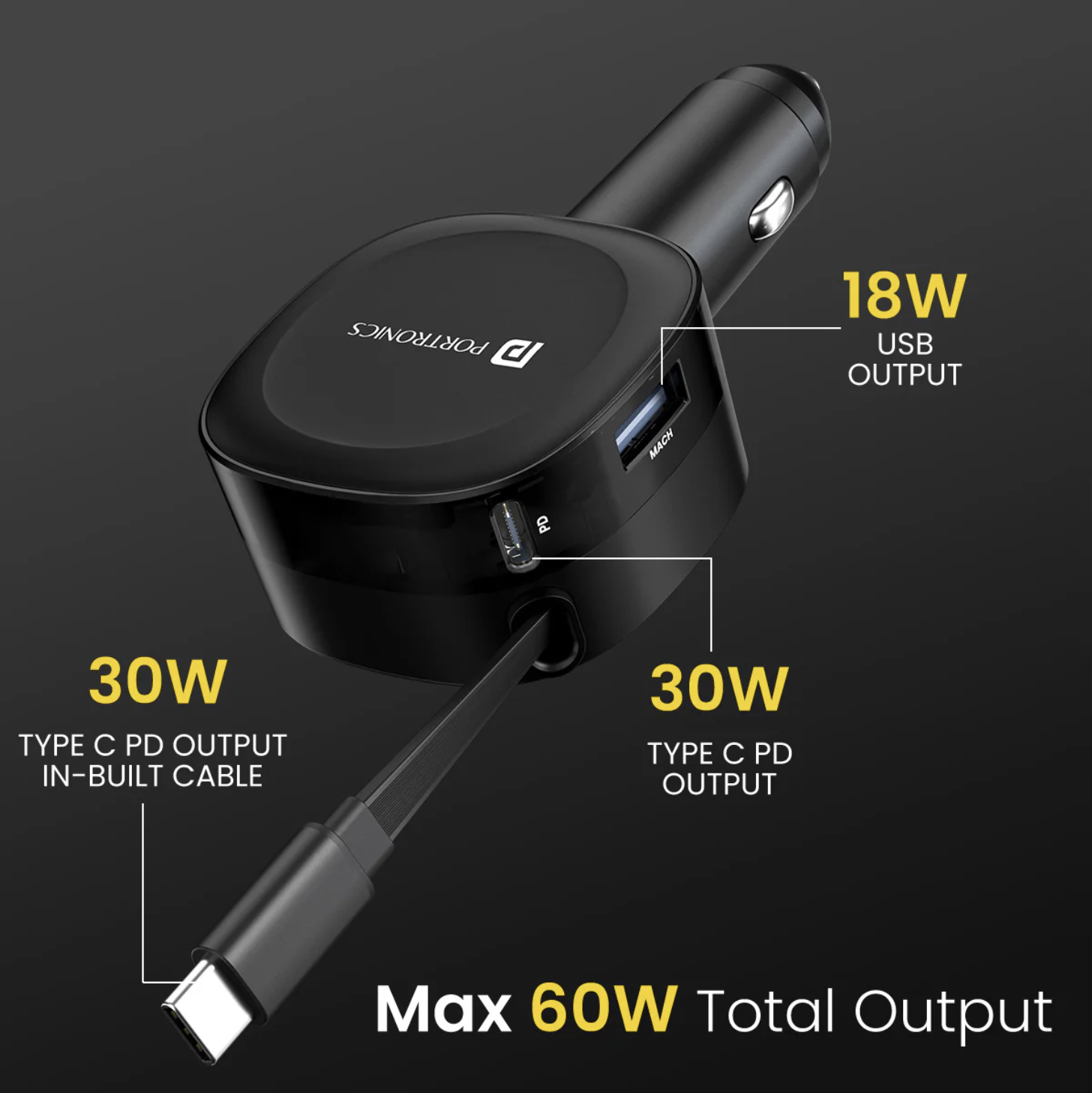 Car Power Flexo 60W Total Output | 18W USB Type-A | 30W Type-C | 30W Retractable Type-C Cable