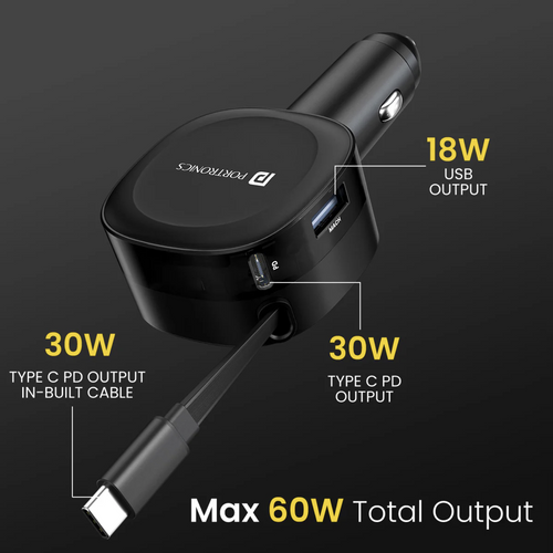 Car Power Flexo 60W Total Output | 18W USB Type-A | 30W Type-C | 30W Retractable Type-C Cable