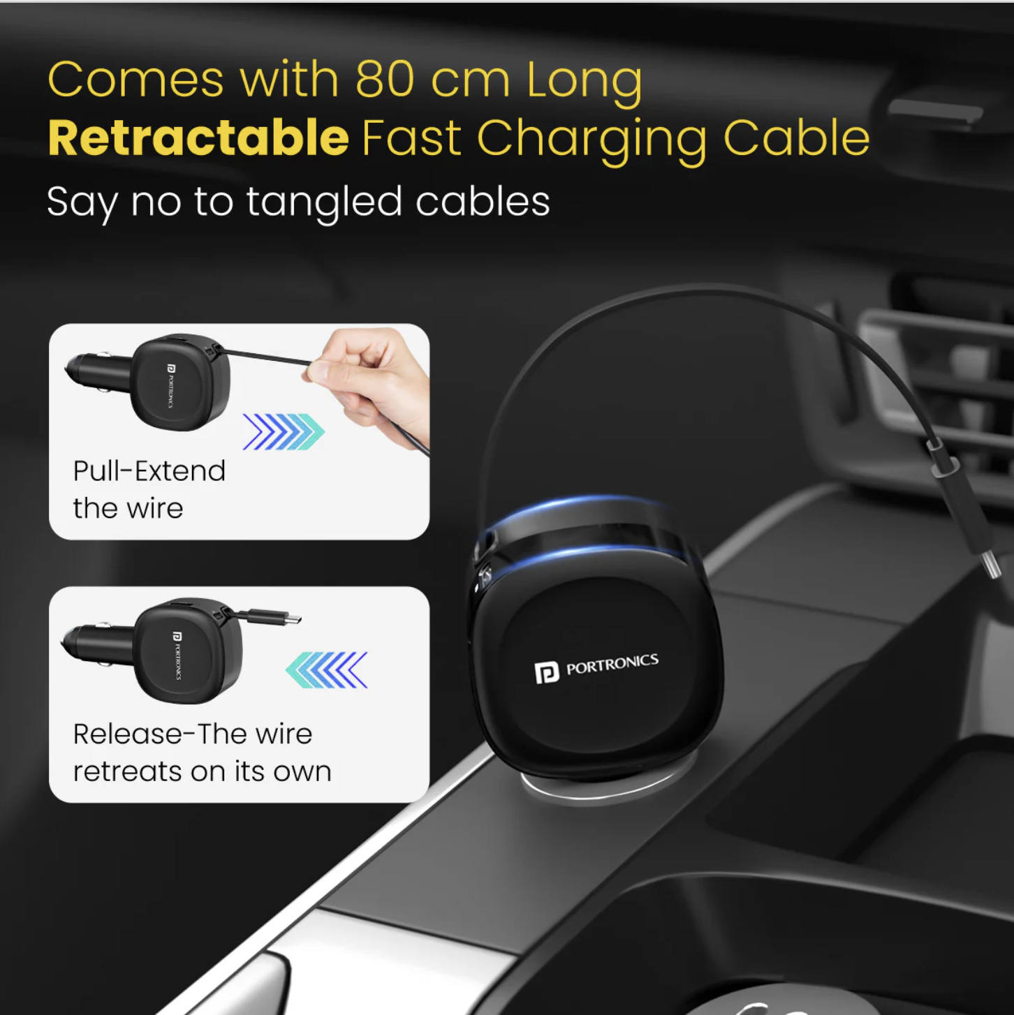 Car Power Flexo 60W Total Output | 18W USB Type-A | 30W Type-C | 30W Retractable Type-C Cable