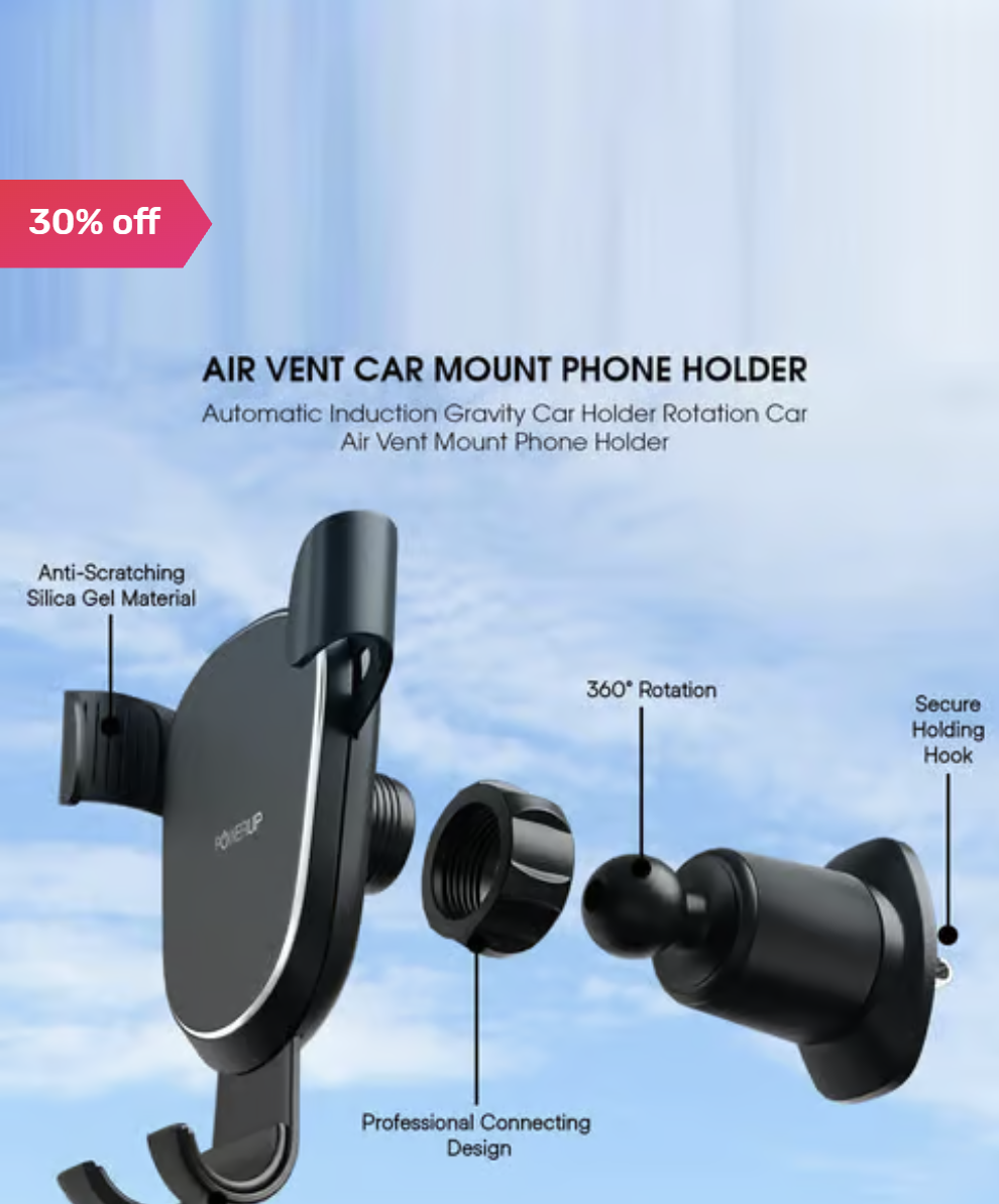 Powerup Air Vent Car Mount With 360¿ Rotation, Phone Holders Car Mount Stand - Black