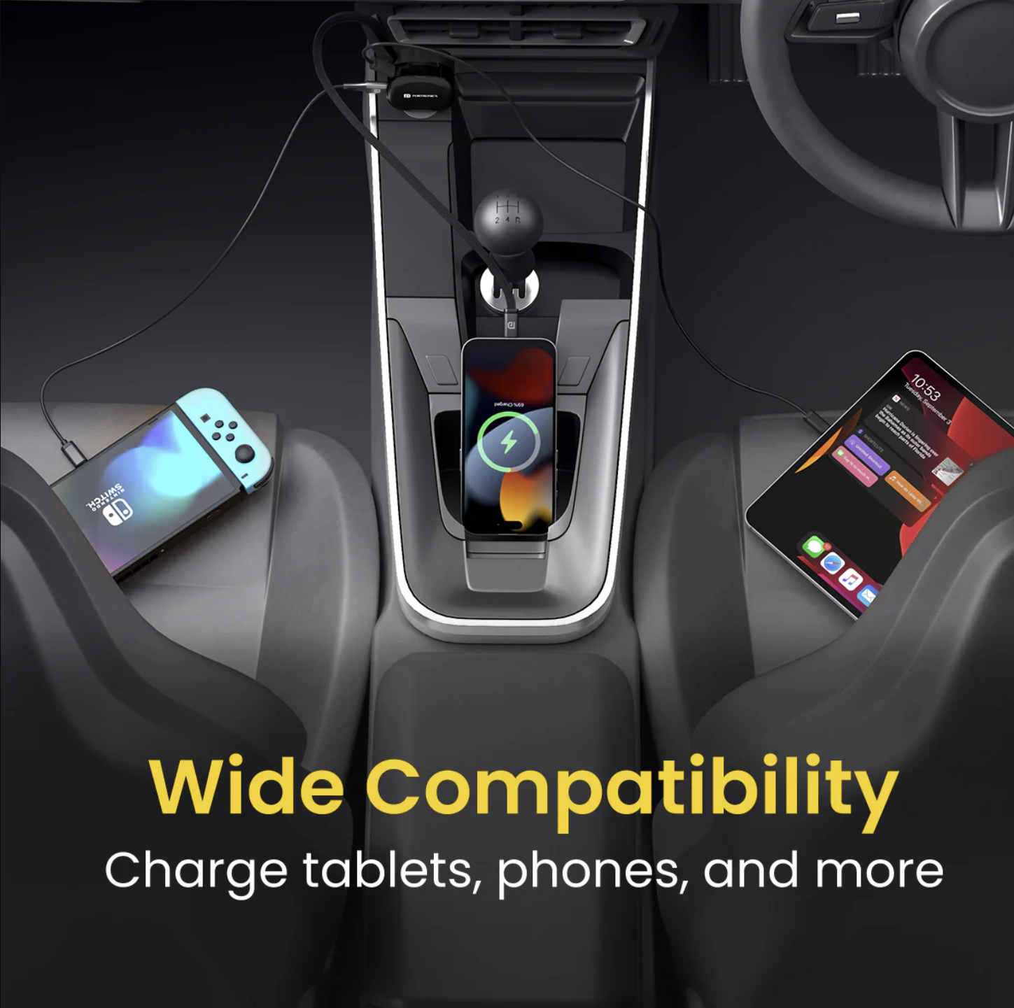 Car Power Flexo 60W Total Output | 18W USB Type-A | 30W Type-C | 30W Retractable Type-C Cable