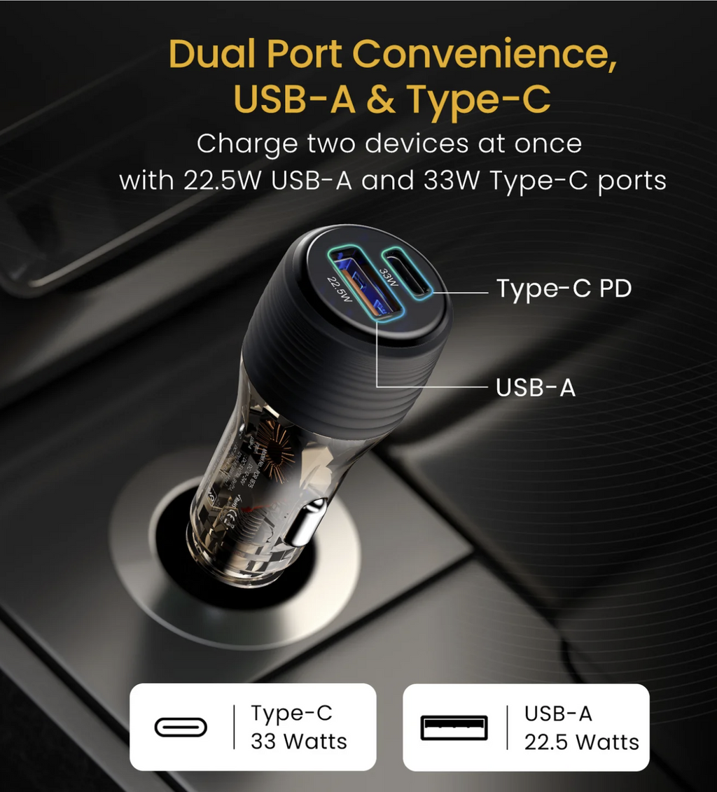 Car Power View Plus Dual Port 55.5W Car Charger | Transparent Design | 33W Type-C PD | 22.5W USB-A