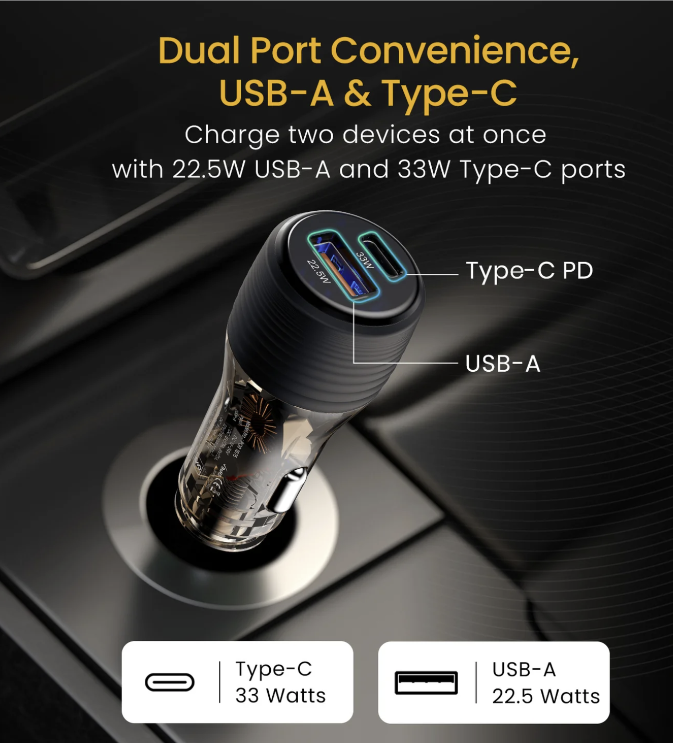 Car Power View Plus Dual Port 55.5W Car Charger | Transparent Design | 33W Type-C PD | 22.5W USB-A