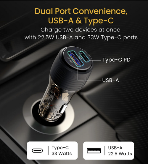 Car Power View Plus Dual Port 55.5W Car Charger | Transparent Design | 33W Type-C PD | 22.5W USB-A