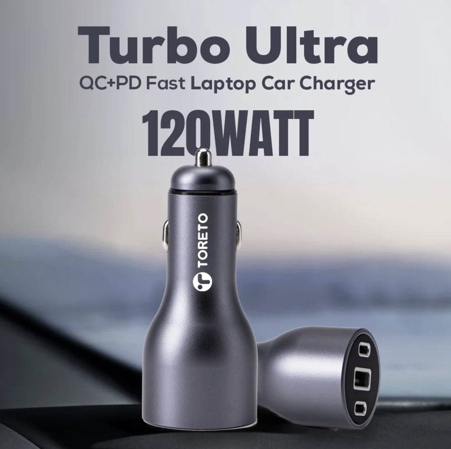 Turbo Ultra 120W ultra-fast car charger with 2 Type-C PD ports, 1 USB port, premium 100W Type-C cable, multi-circuit protection