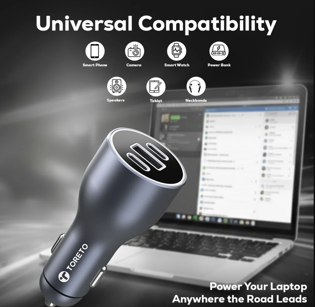 Turbo Ultra 120W ultra-fast car charger with 2 Type-C PD ports, 1 USB port, premium 100W Type-C cable, multi-circuit protection