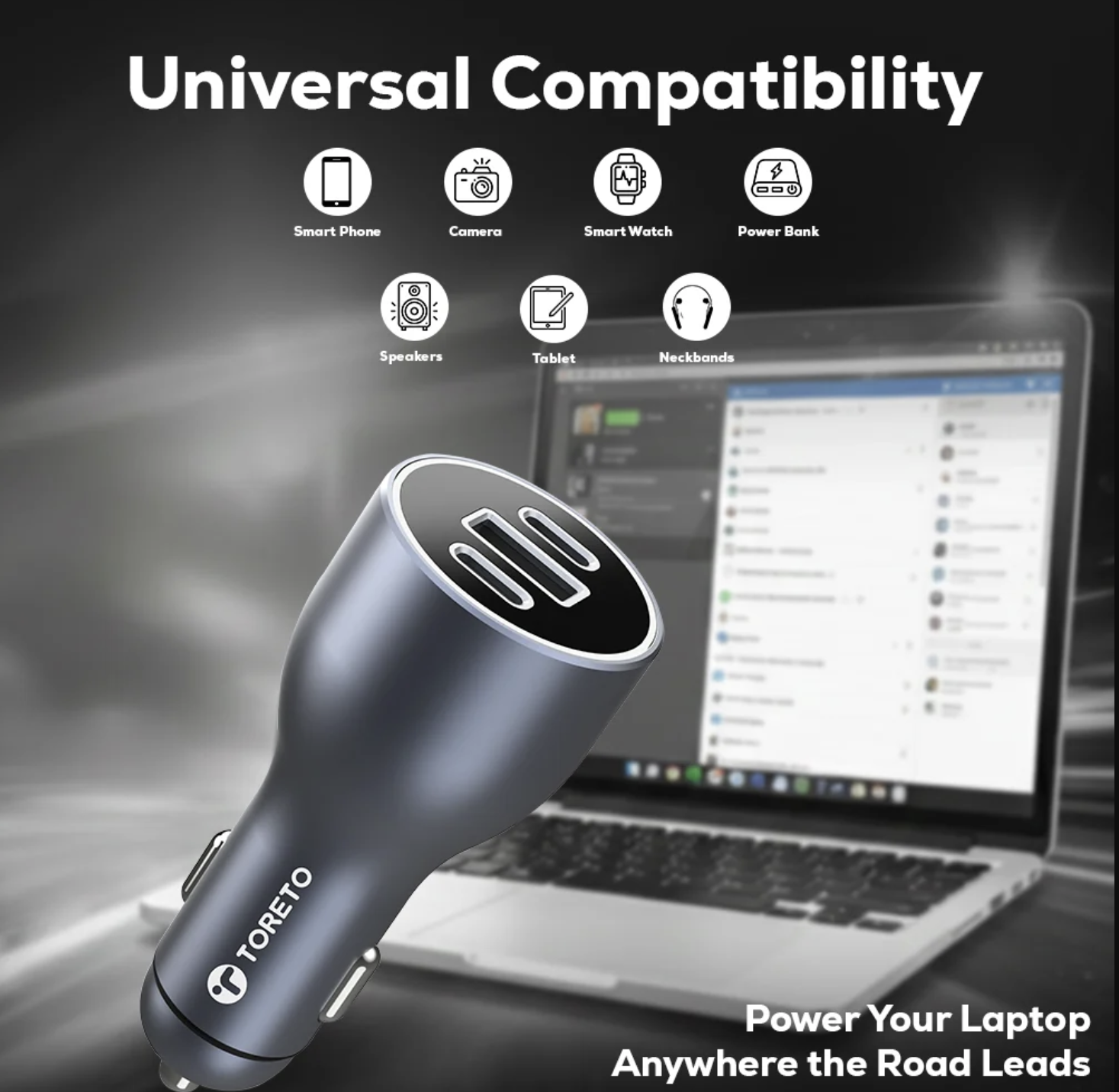 Turbo Ultra 120W ultra-fast car charger with 2 Type-C PD ports, 1 USB port, premium 100W Type-C cable, multi-circuit protection