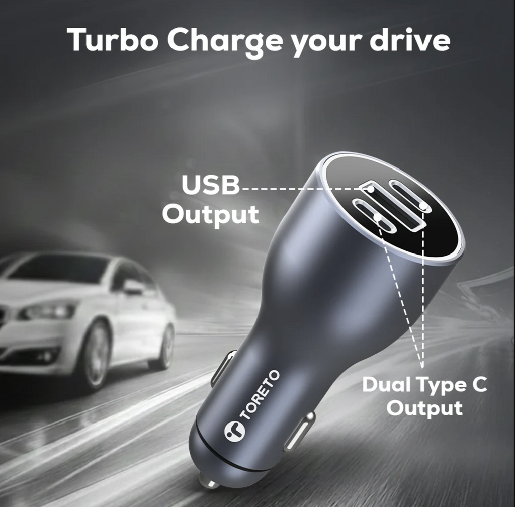 Turbo Ultra 120W ultra-fast car charger with 2 Type-C PD ports, 1 USB port, premium 100W Type-C cable, multi-circuit protection
