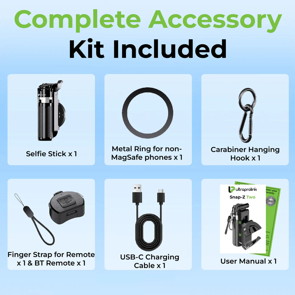 Snap-Z   Two   Ultra-Compact   World’s   Smallest   13cm   Selfie   Stick   &   Tripod   |Folds   to   just   130mm   and   weighs   only   194g   |Works   seamlessly   with   Android   8+   and   iOS   14+   devices|