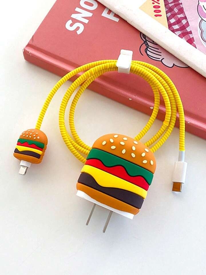 1.5m Cartoon Hamburger Design Luminous Cable With Wire Organizer & Tpu Charging Head Protector, 4pcs/set, For Apple Phones 20w Fast Charging Cable | SHEIN