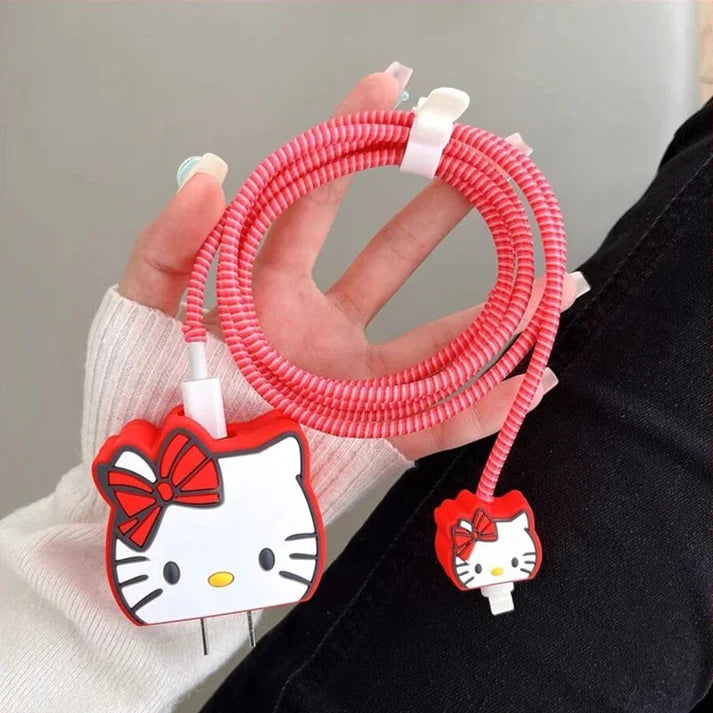 Iphone Charger Case Cover - Kitty Red - 4 Piece Set (With Wire Protector)